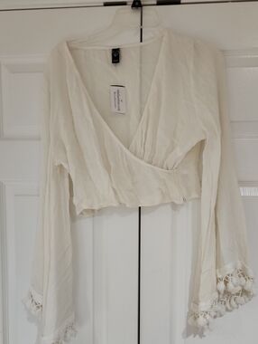 Windsor Cream Wrap Blouse with Tassel Bell Sleeves
